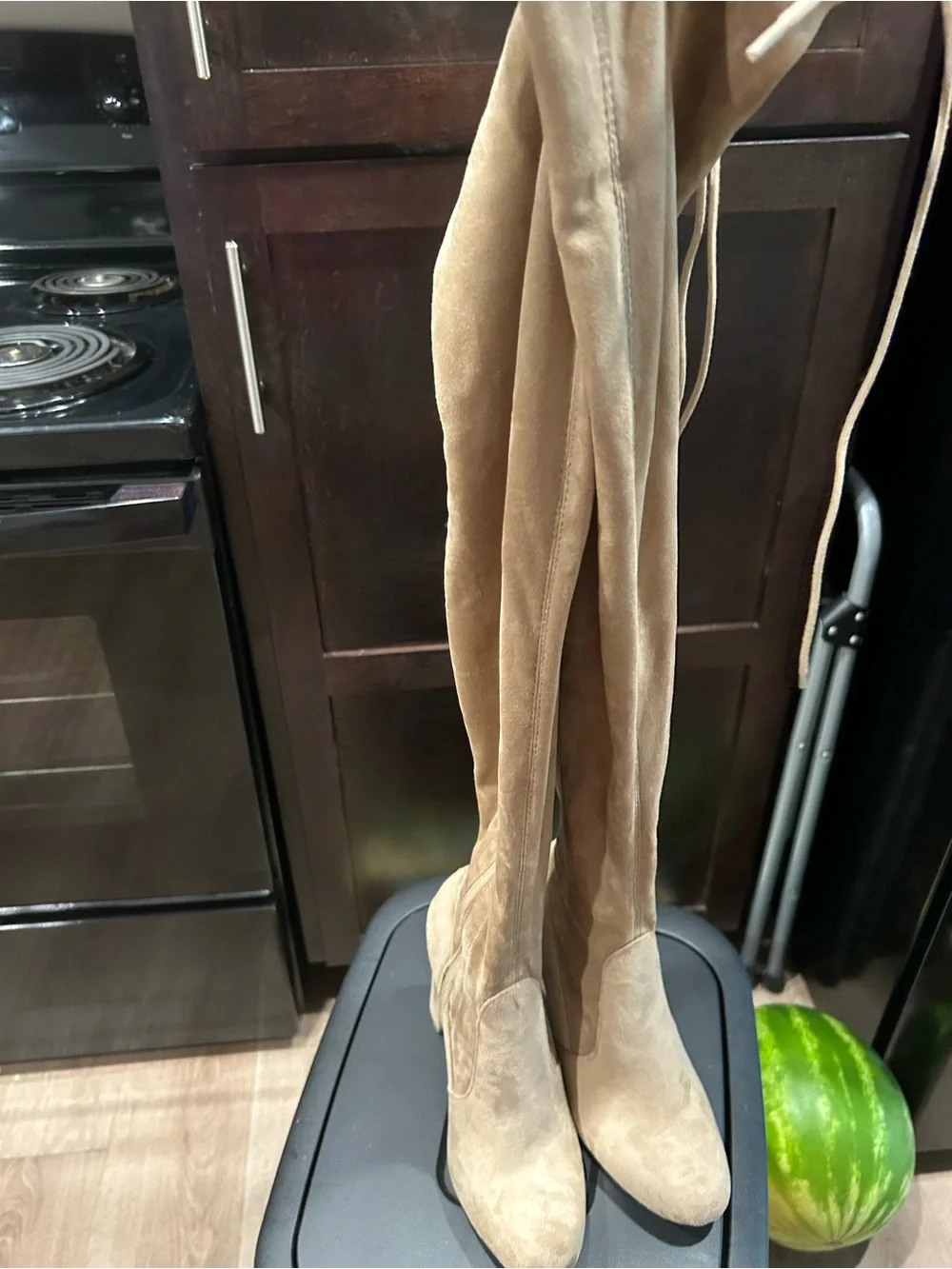 New Lulu’s Beige Suede Over-the-Knee Boots.   20 inches from the ankle up.